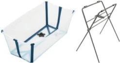 Stokke Flexi Bath® Faltbare Badewanne Mit Hitzeempfindlichem Stöpsel, Transparent Blue Mit Stand Badewannenständer, Grey